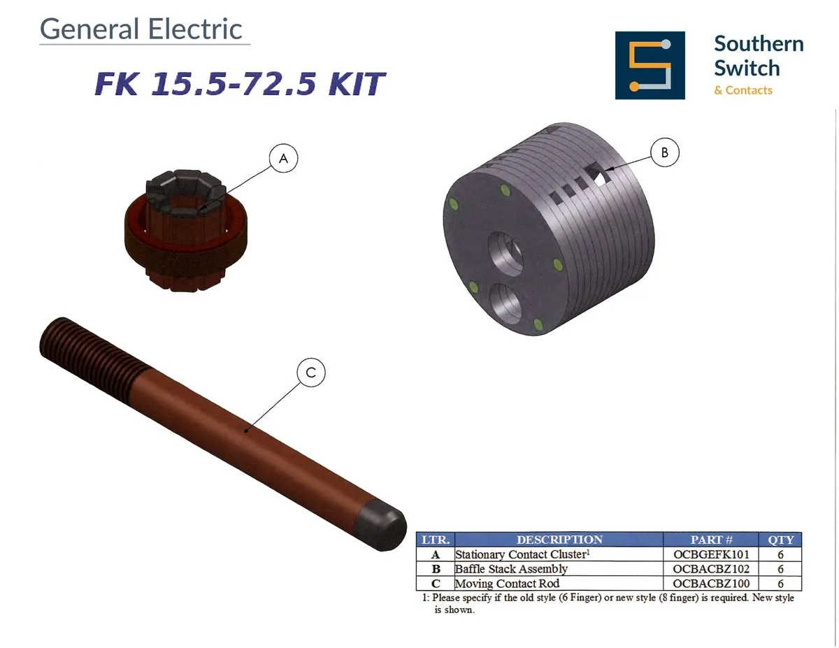 Exploded view of the General Electric FK 15.5-72.5 Kit showing 3 labeled components, stationary contact cluster, baffle stack assembly and moving contact rod