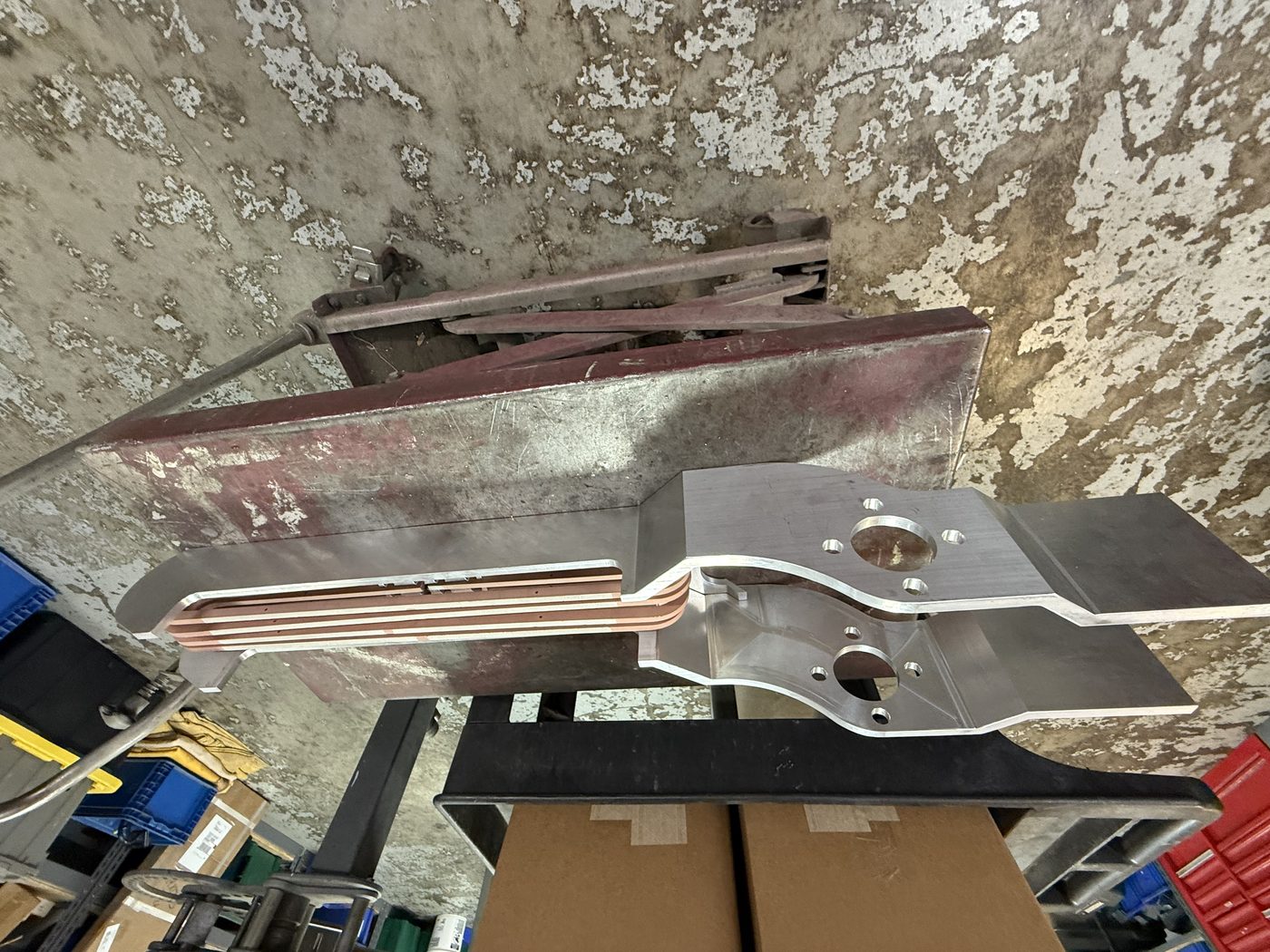 New 500 kV pantograph switch jaw fabricated by Southern Switch machine shop from billet aluminum with copper finger contacts installed.
