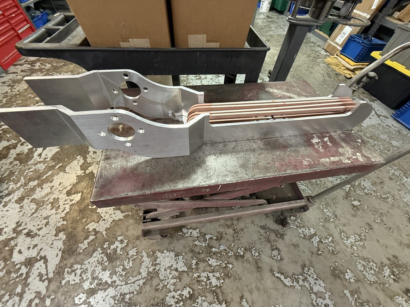 New 500 kV pantograph switch jaw fabricated by Southern Switch machine shop from billet aluminum with copper finger contacts installed.