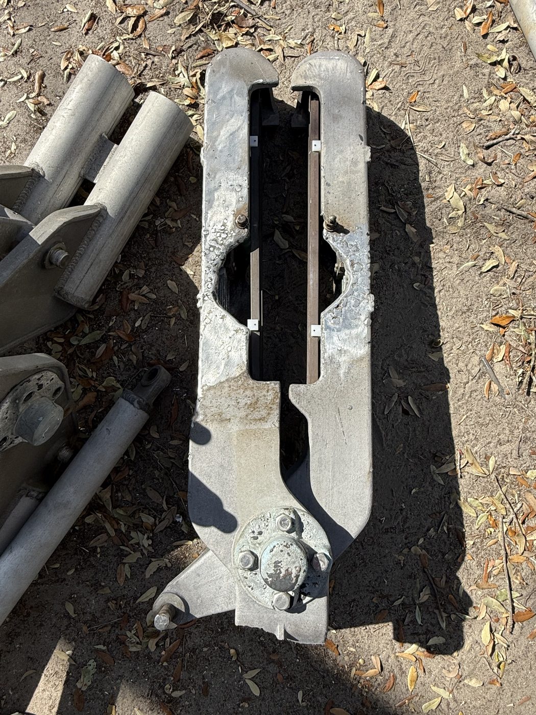 500 kV pantograph disconnect switch on arrival at Southern Switch, visible arc and lightning damage to the aluminum blade assembly.