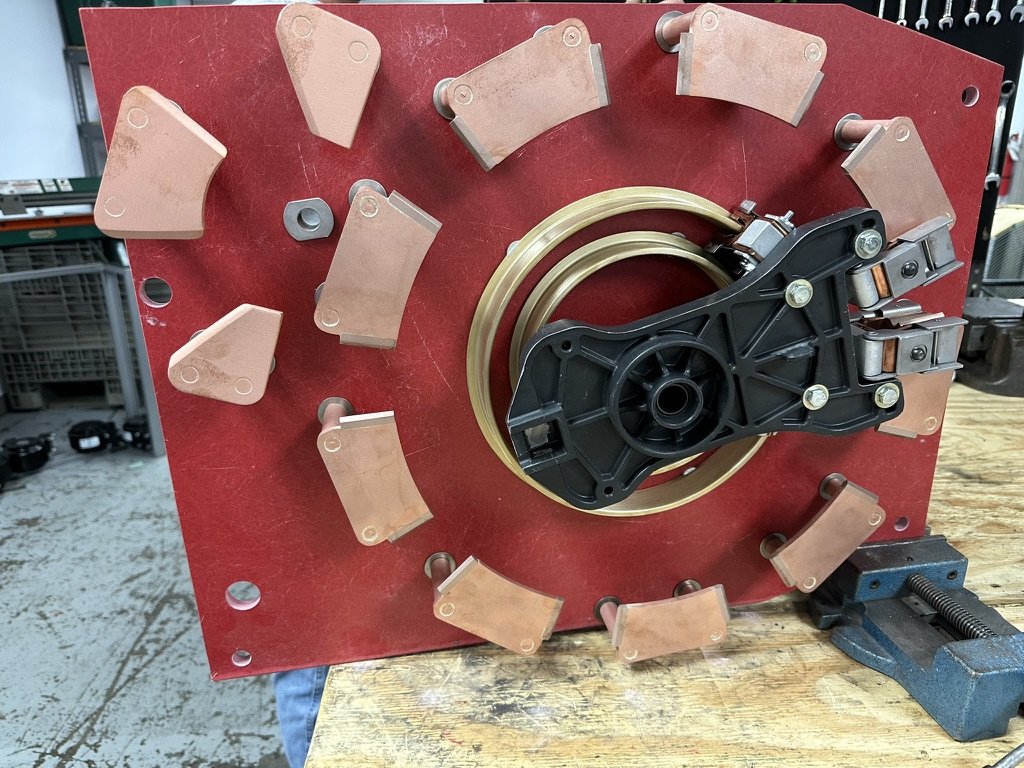 Replacement GE T875 regulator contact board fabricated from red GPO3 laminate, populated with a full set of new copper and copper-tungsten contacts and the reversing-switch rotor.