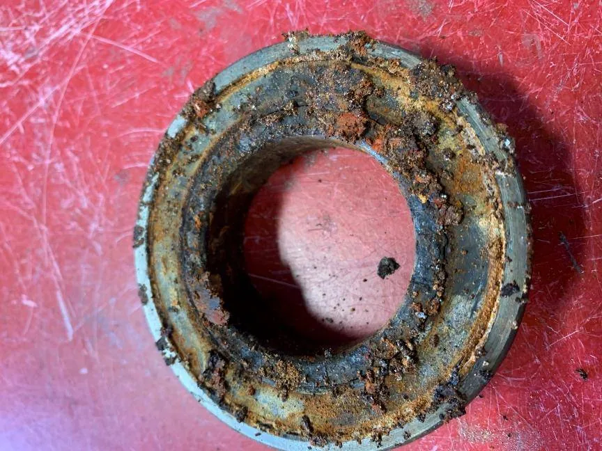 The bearings also required the 45-ton press to remove. Corrosion from the shaft migrated straight into the bearing.