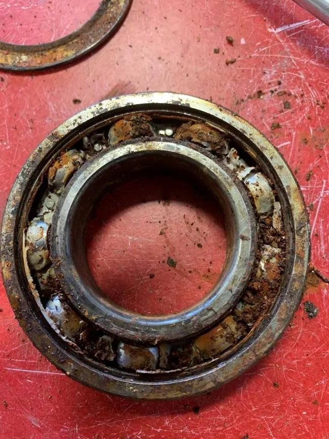 Corrosion consumed the steel cage and fouled the bearing throughout, well past the point where it can be reused.