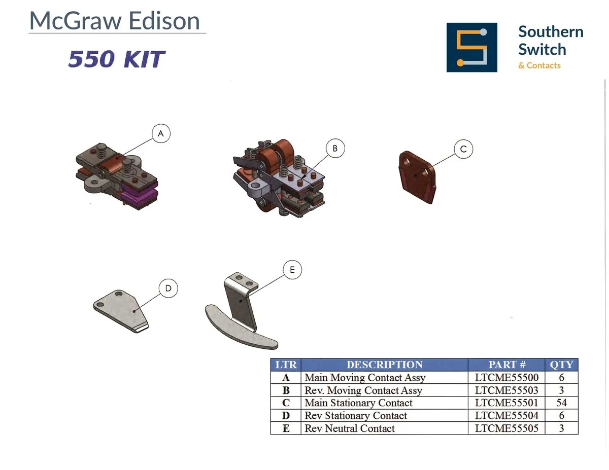 Exploded view of the McGraw-Edison 550 Kit showing 5 labeled components — main moving contact assembly, reversing moving contact assembly, main stationary contact and reversing stationary contact