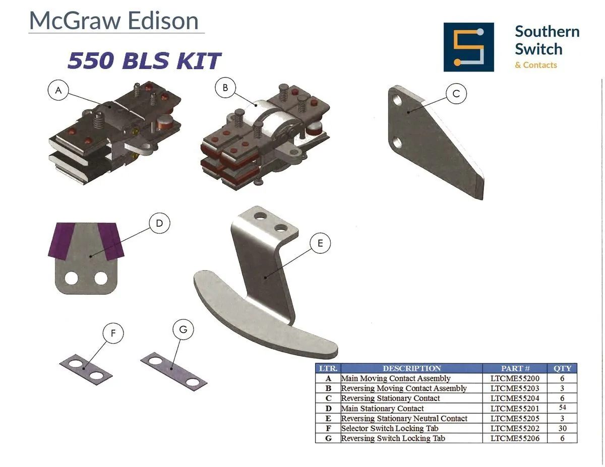 Exploded view of the McGraw-Edison 550 BLS Kit showing 7 labeled components, main moving contact assembly, reversing moving contact assembly, reversing stationary contact and main stationary contact