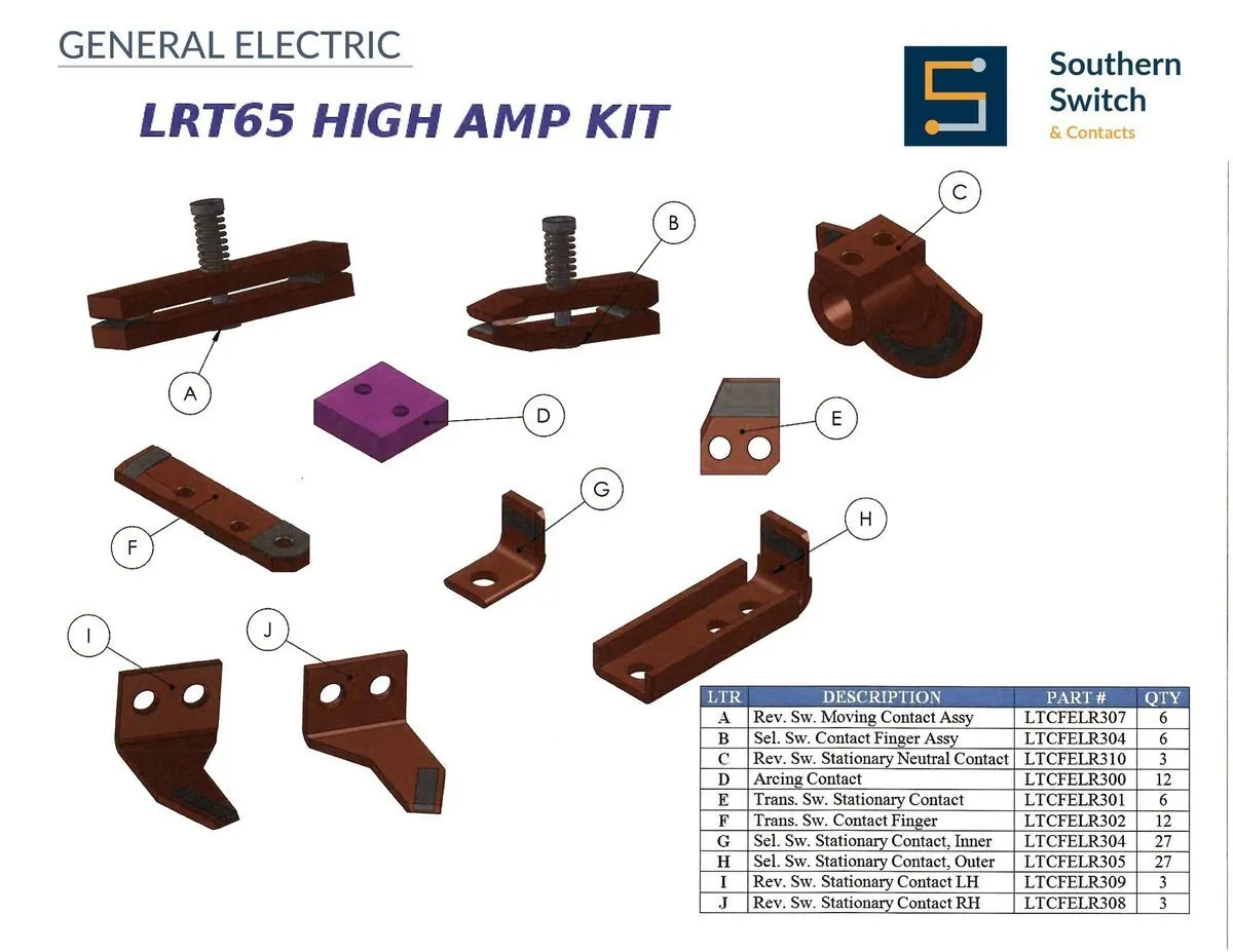 Exploded view of the General Electric LRT65 High Amp Kit showing 10 labeled components, reversing switch moving contact assembly, selector switch contact finger assembly, reversing switch stationary neutral contact and arcing contact