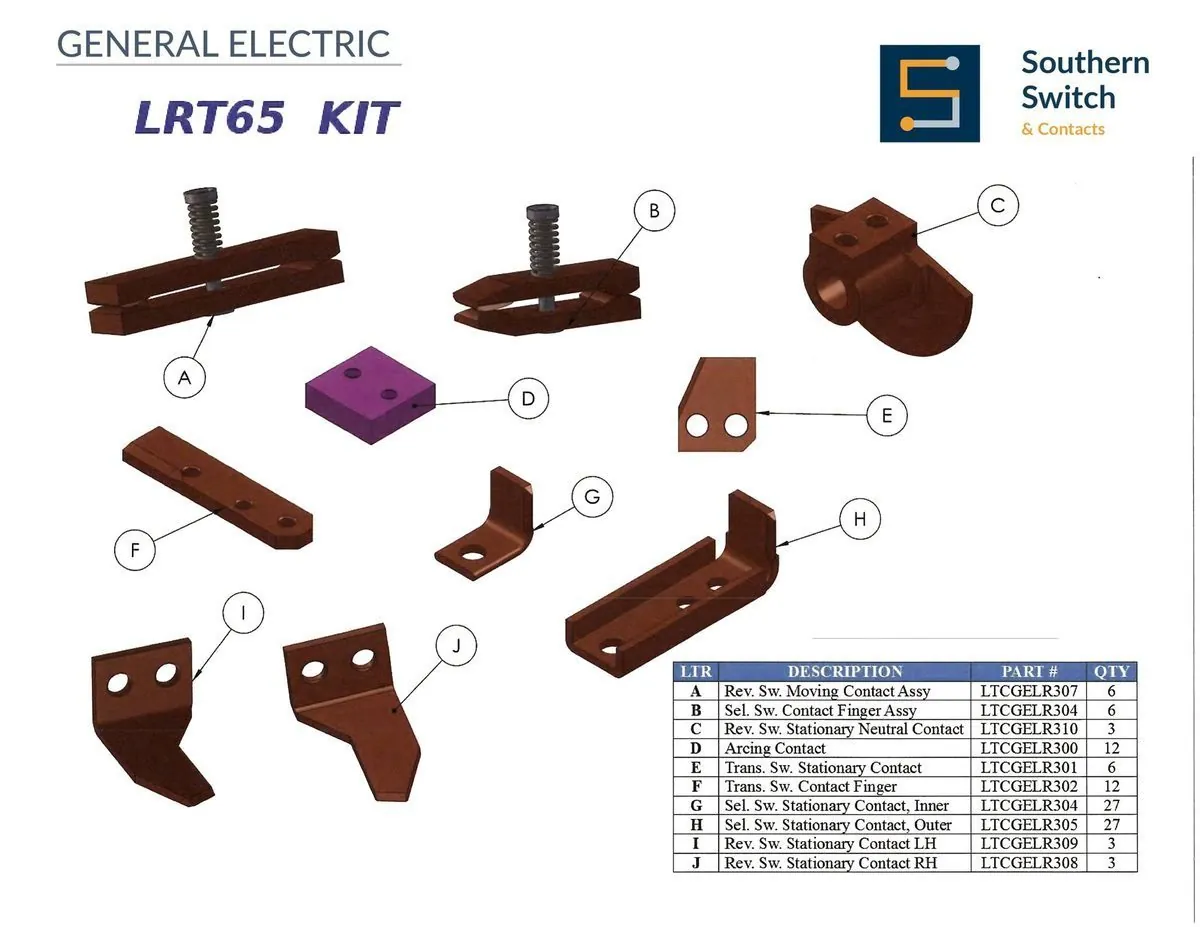 Exploded view of the General Electric LRT65 Kit showing 10 labeled components, reversing switch moving contact assembly, selector switch contact finger assembly, reversing switch stationary neutral contact and arcing contact