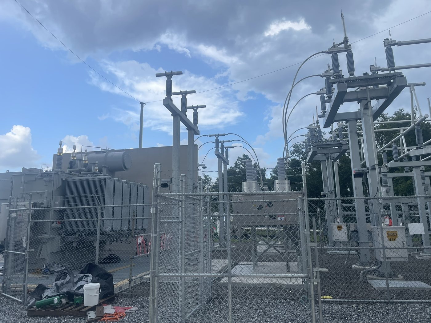 The completed two-bank 69 kV substation built by Southern Switch as subcontractor to the general contractor, transformer bank at left and 69 kV switching at right.