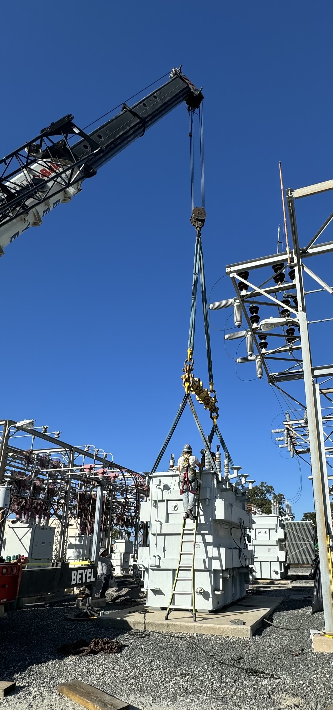 Beyel Brothers crane lifting a TECO power transformer during the MacDill AFB infrastructure hardening project. Southern Switch served as the primary field contractor, with Beyel as the crane subcontractor.